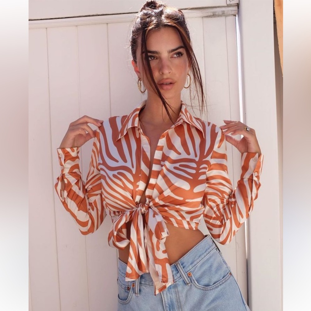Inamorata Women's Orange Zebra Print Tie-Front Top Sullivan - Rare